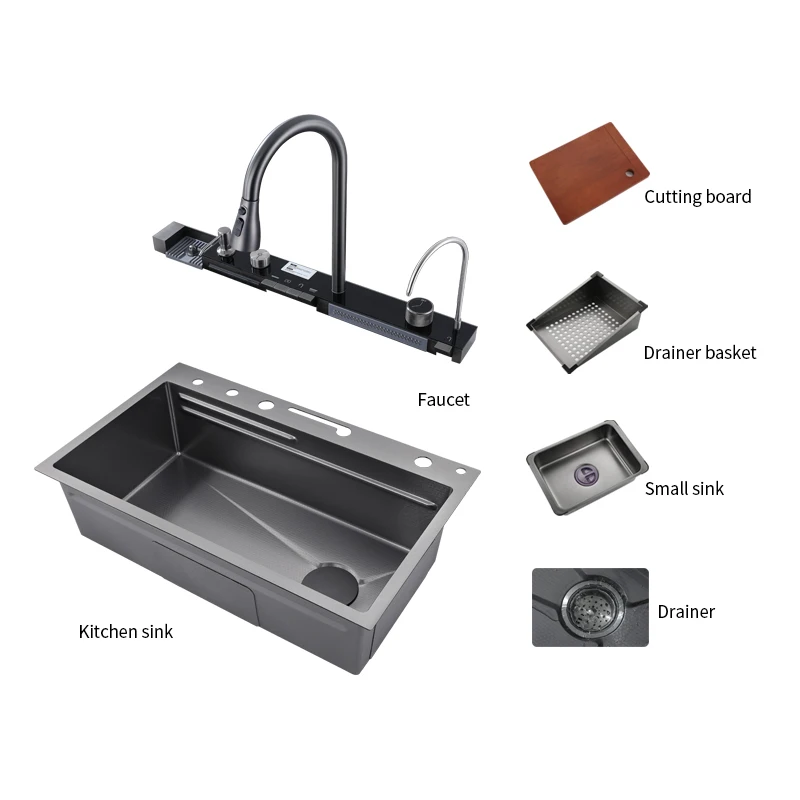 Tiktok New Trend One Piece 2 Waterfall Faucet Smart Stainless Steel Single Slot Bionic Honeycomb Black Kitchen Sink