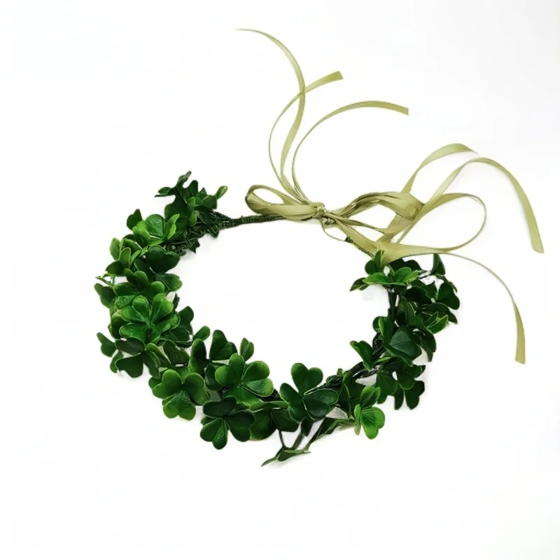 Baiyiyuan Handmade Creative Ribbon Hair Tie Emerald Green Artificial Lucky Grass Flower Hair Band