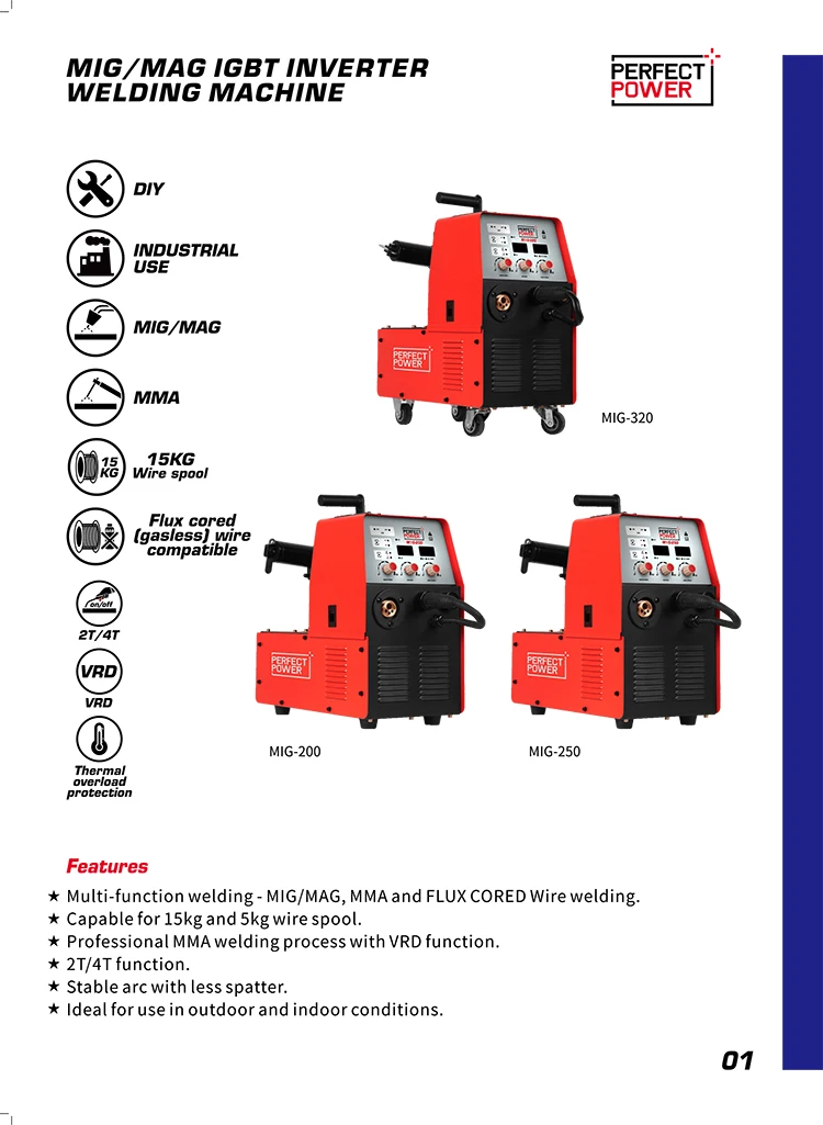 Perfectpower IGBT Technology Multi Function MIG MAG MMA TIG Flux Cored 1KG 5KG CO2 Gas Wire MIG Welder MIG200