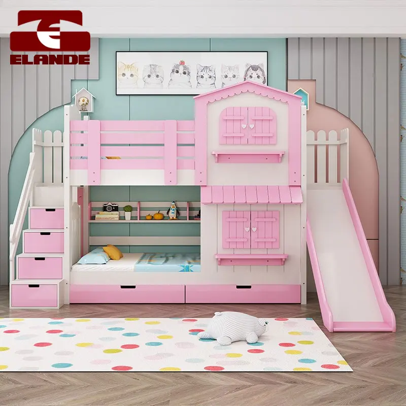 Детская двухъярусная кровать под заказ, кровать высокой и низкой принцессы, горка, многофункциональная кровать из массива дерева с лестницей и замком