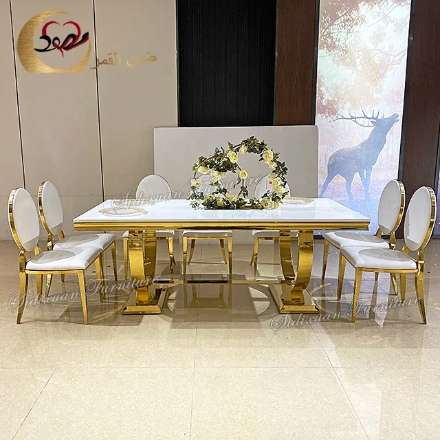  Foshan Hotel Новое поступление Золотая основа из нержавеющей стали белые стеклянные столы для торжеств