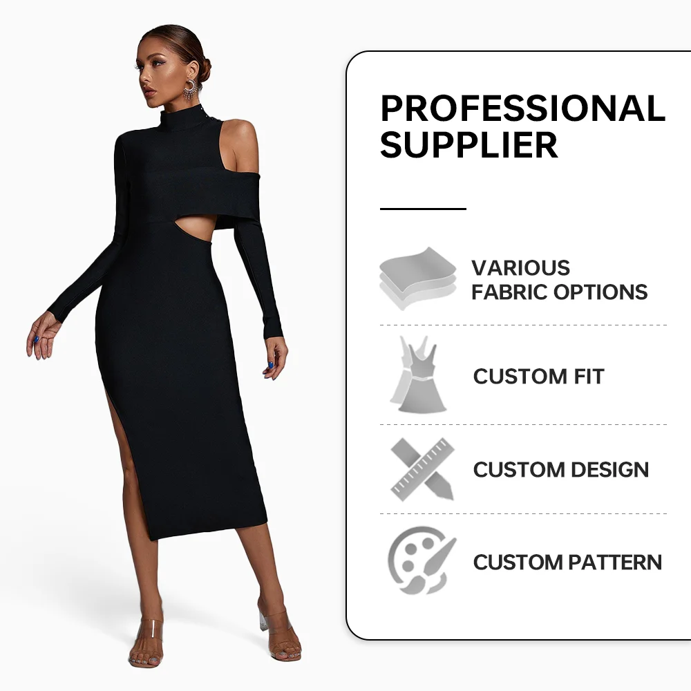 BEISHI Wholesale Women Bodycon Midi Cocktail Bandage Hollow Cut Out Dress Long Sleeve Cut Out-Bandage-Dress