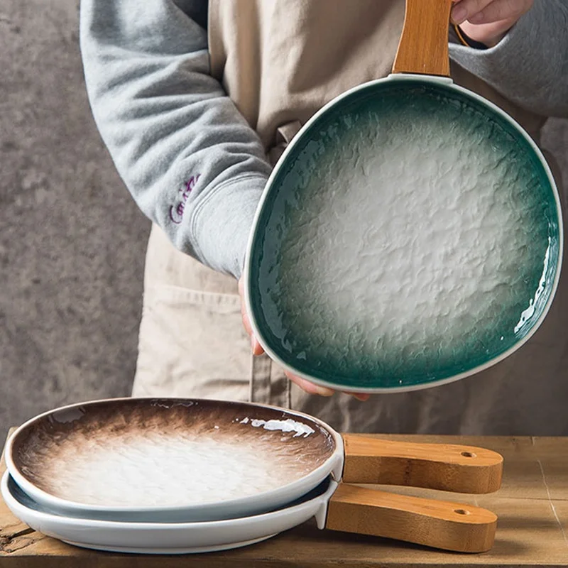 New Product Creative Gradient Stone Grain Ceramic Tableware Household Steak Plate Dish Bakeware with Wooden Handle