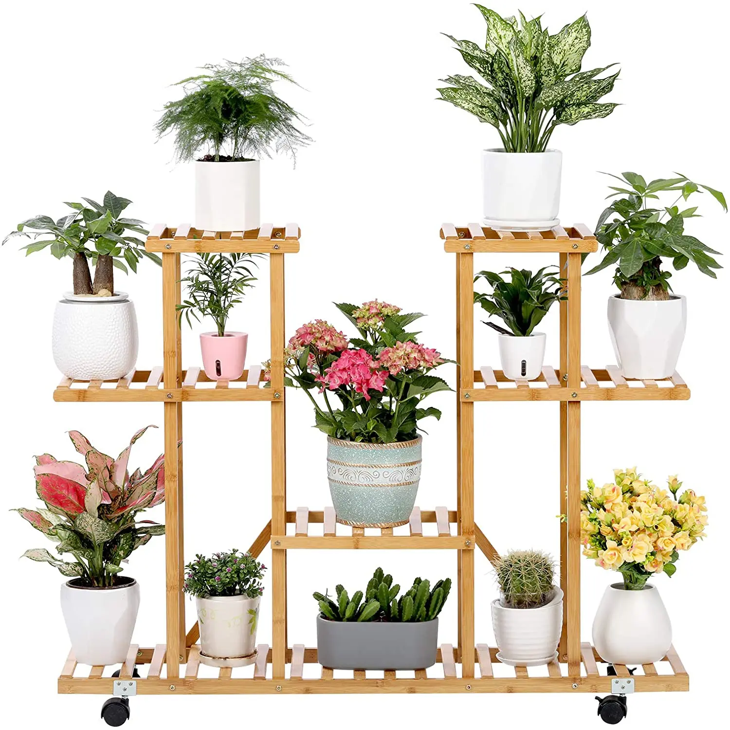 Оптовая продажа, 4-ярусная напольная полка для растений, стойка для растений, бамбуковая подставка для цветов с колесами