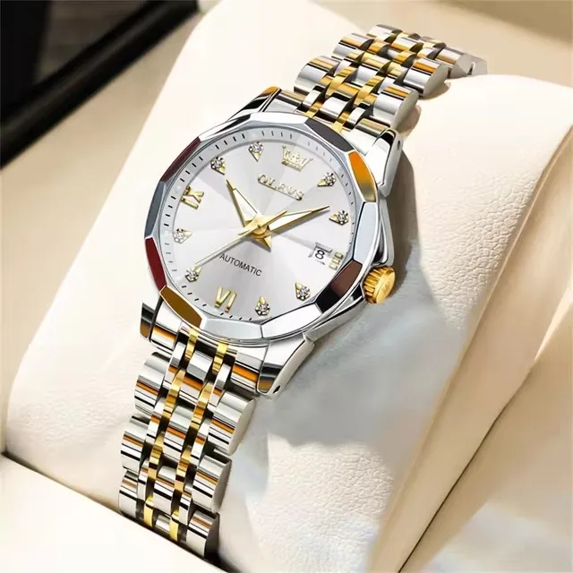 OLEVS 9982 Casual Mechanical Calendar Watches Women Wrist Automatic Movement Fashion Business Stainless Steel Band Ladies Watch
