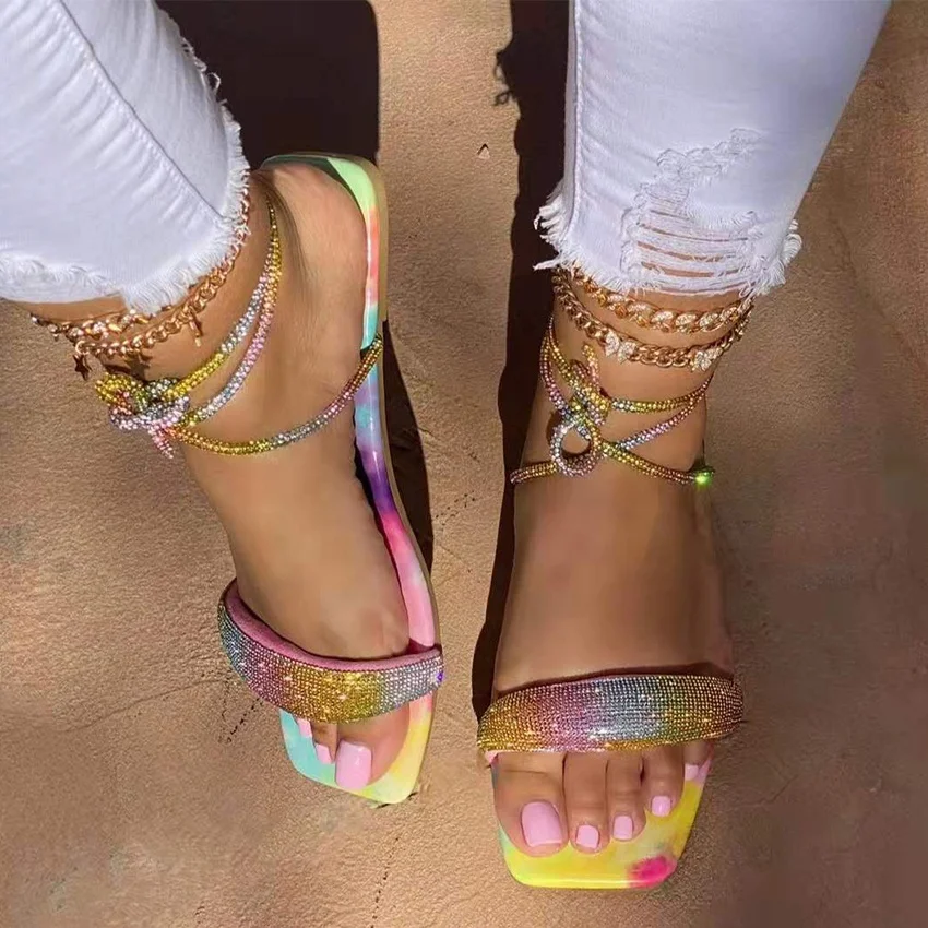 Rhinestone Lace Up Women Shoes Slippers Flat Casual Women Jelly Slides Slippers Single Band Outdoor Casual Flat Ladies Sandals