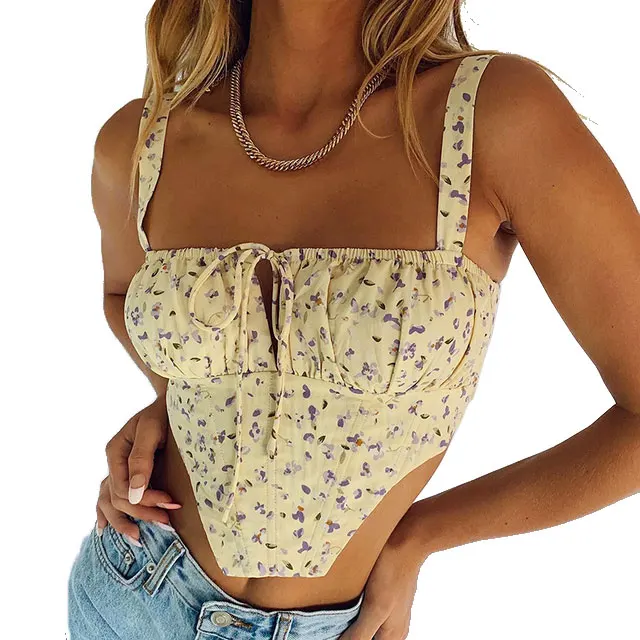 Sleeveless Ruched Bustier Casual Summer Tank Tops Floral Corset Women Sweet Print Hollow Up Tie Up Bandage Sexy Crop Top 2021