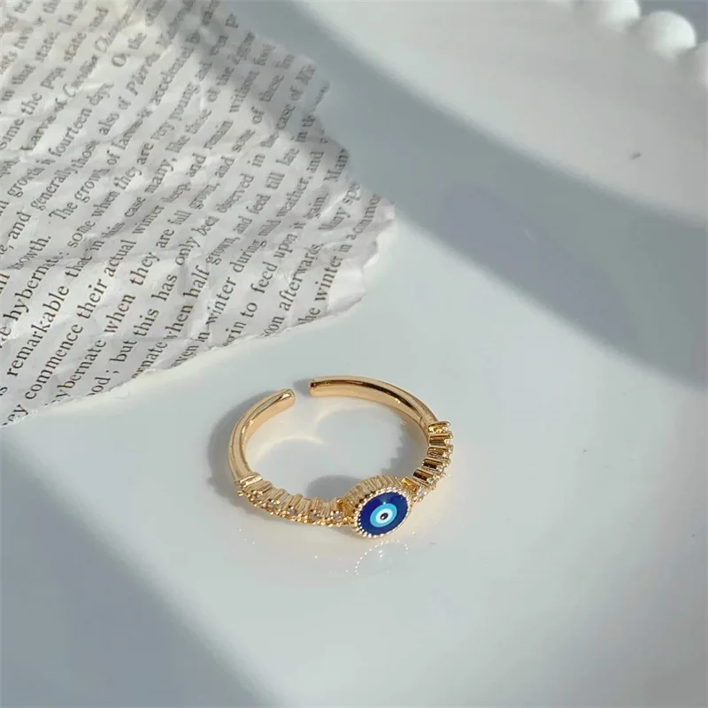 New Design Turkish Blue Eye Finger Ring Jewelry Open Adjustable Dainty Oil Drop 18K Gold Plated Evil Eyes Rings Women