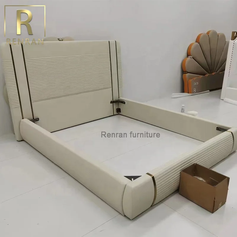 Popular modern design bedroom furniture soft beds light luxury home furniture white leather bed from foshan