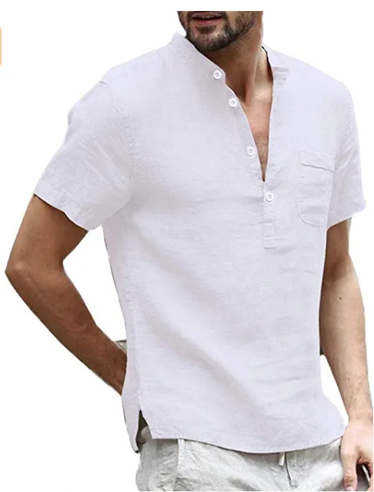 Wholesale Male Short Sleeve Linen Button T-Shirt V-Neck Fashion Summer Solid Casual Cotton Linen T Shirts