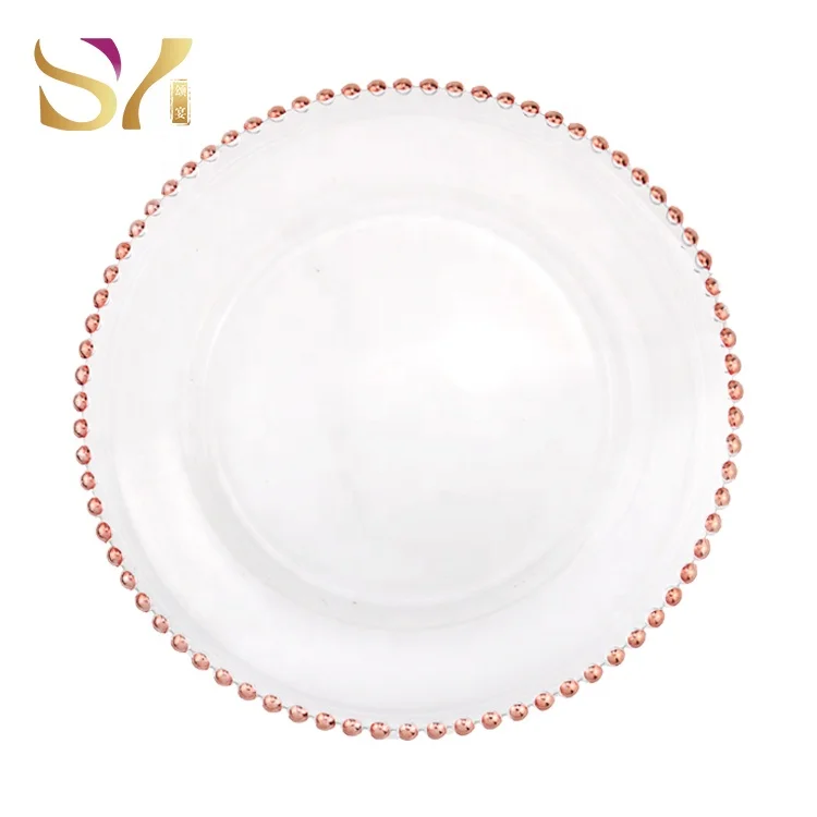 Fashionable crystal under plate rose gold with beaded rim glass charger plates wedding decoration