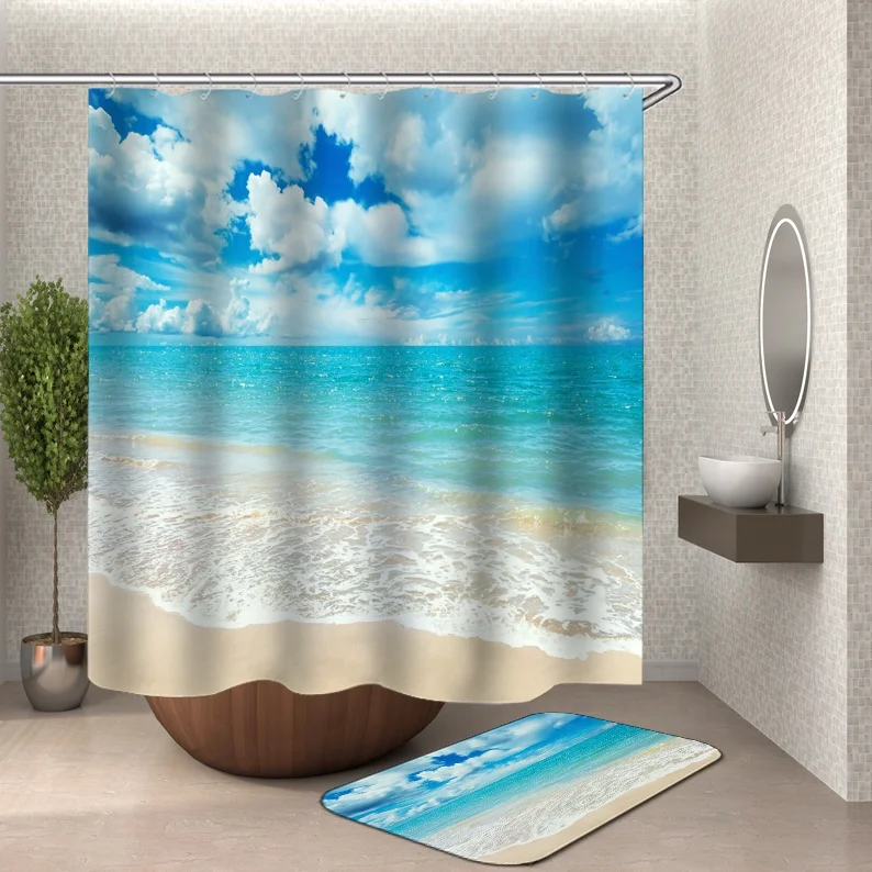 i@home ready made new design 3d fashionably bathroom ocean blue shower curtain island set