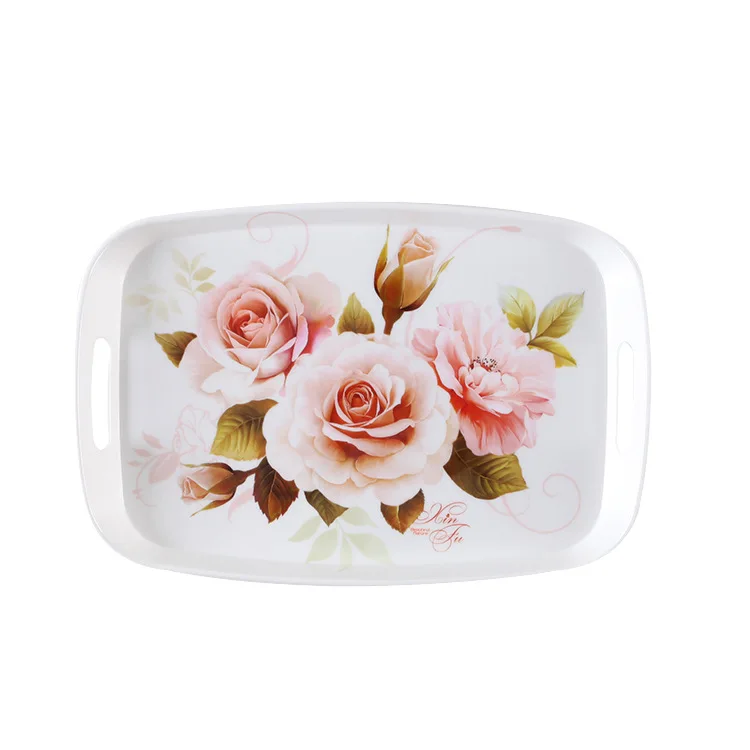 Wholesale Custom Flower Printing Melamine Plastic Serving Tray With Handle