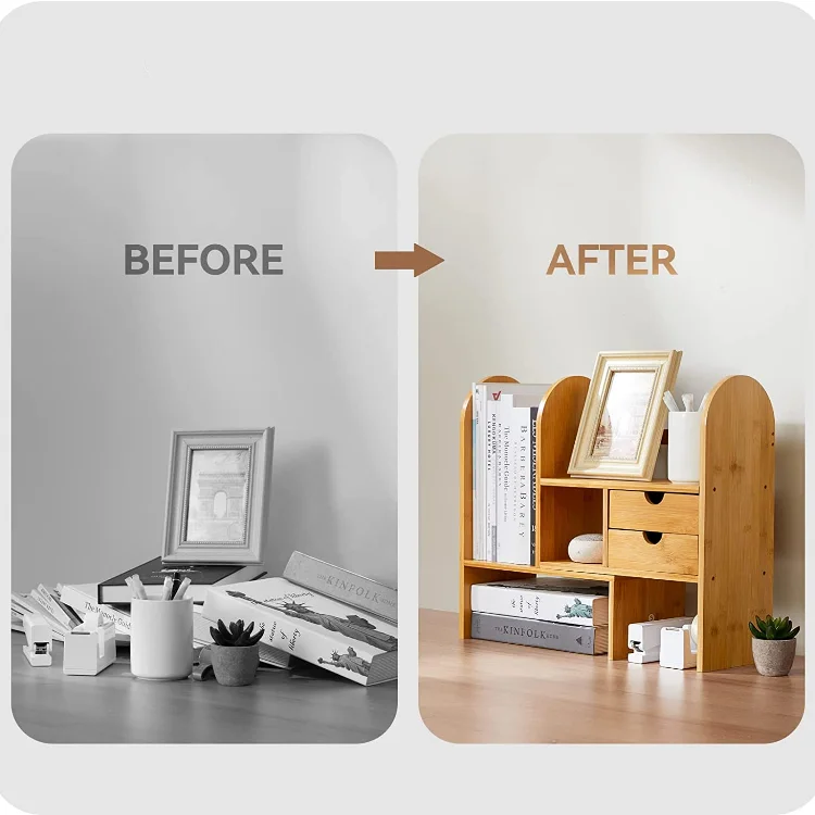 Wholesale desktop organizer home office decor adjustable bamboo book shelf