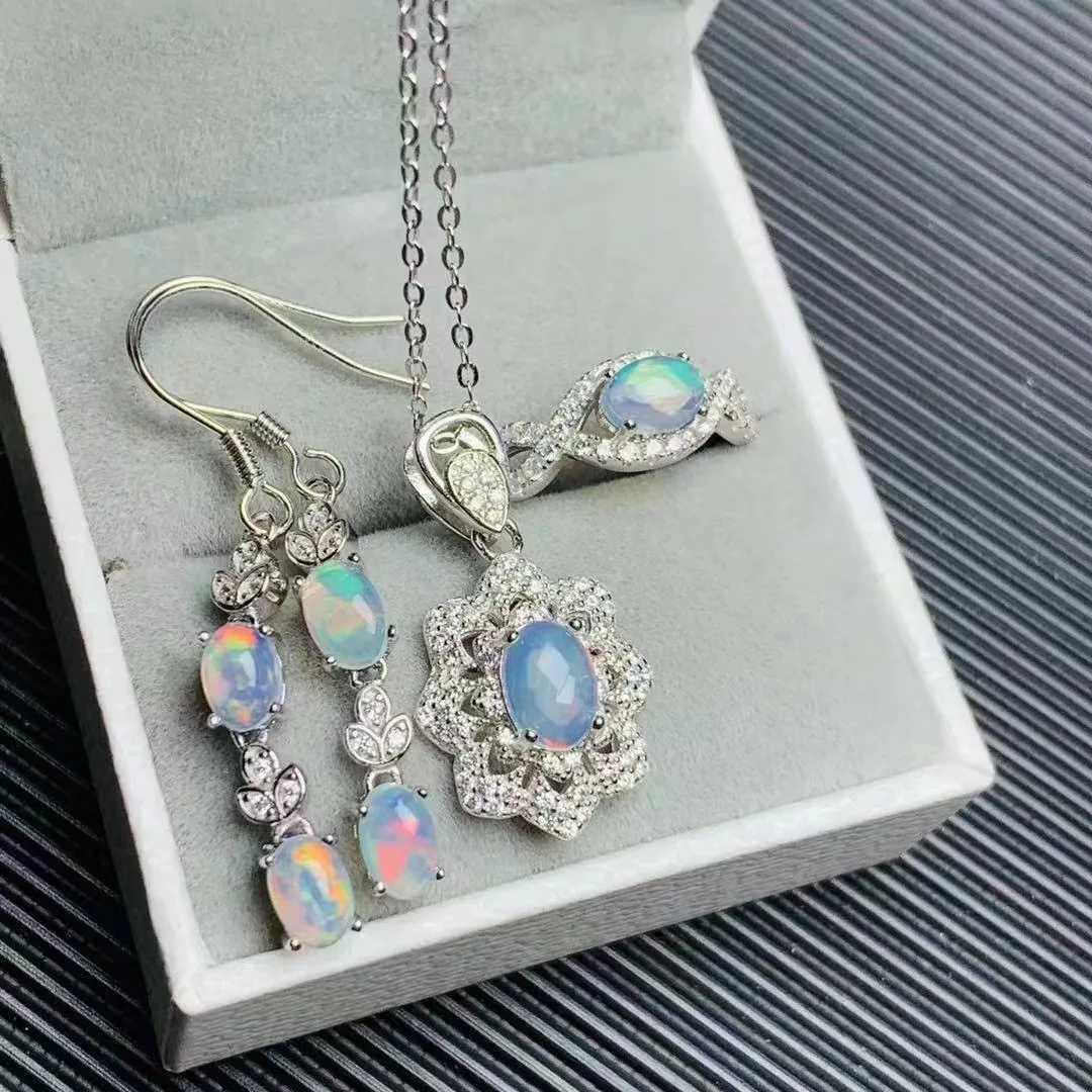 Good Price Moroccan Bride 925 Sterling Silver Pave Luxury Natural Opal Earrings Jewelry Sets For Women