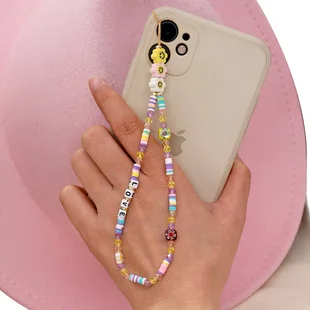 Beaded Phone Charms Lanyard Wrist Strap Smiley Face Beaded Phone Chain Cute Bracelet Keychain Charm for Women Girls