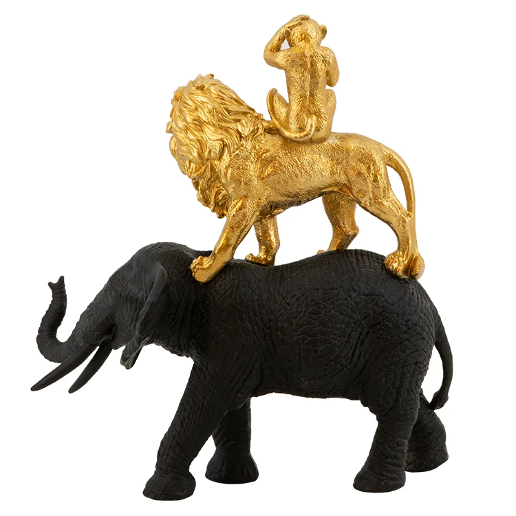 Home Decor Resin Elephant Statue, Table Ornament Animal lion Monkey Abstract Black Golden Sculpture