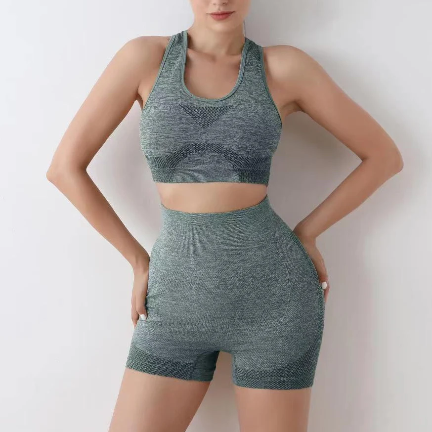 Cheap Oem Custom Logo Seamless Sports Yoga Set Summer Fitness Sportswear Bra Honey Peach Hip Lift Yoga Set