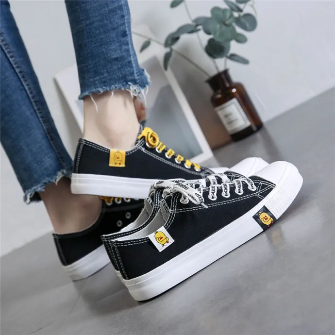 Spring Students Women Cartoon Yellow Duck Lace-Up Flat Zapatillas Canvas Shoes