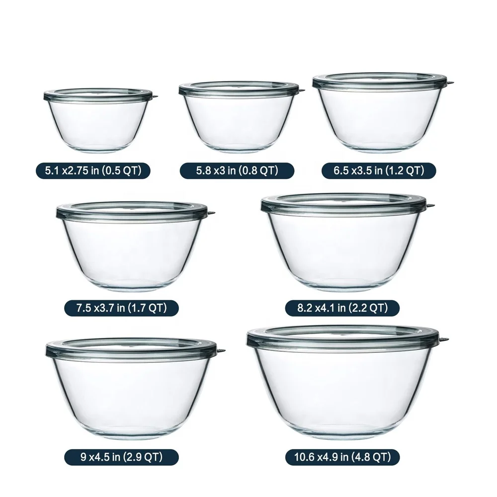 Glass Container Keep Fresh Bowls Set Round Glass Fruit Salad Bowl With Matching Plastic Lid