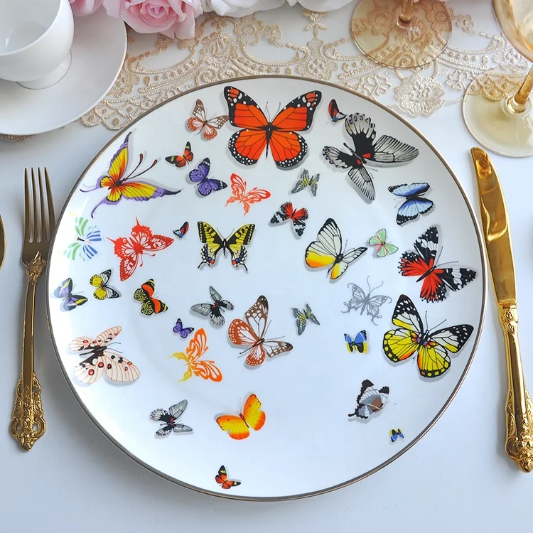 Colored dinner plate butterfly bone china dinnerware gold ceramic charger plates for wedding