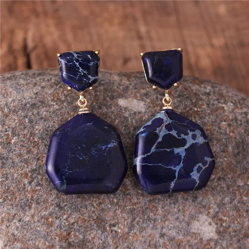 popular jewelry Bold Elegant Blue Imperial Jasper Stud Earrings Bohemian Women Bold Geometric Gold Dangle Earrings Jewelry Bijoux Wholesale