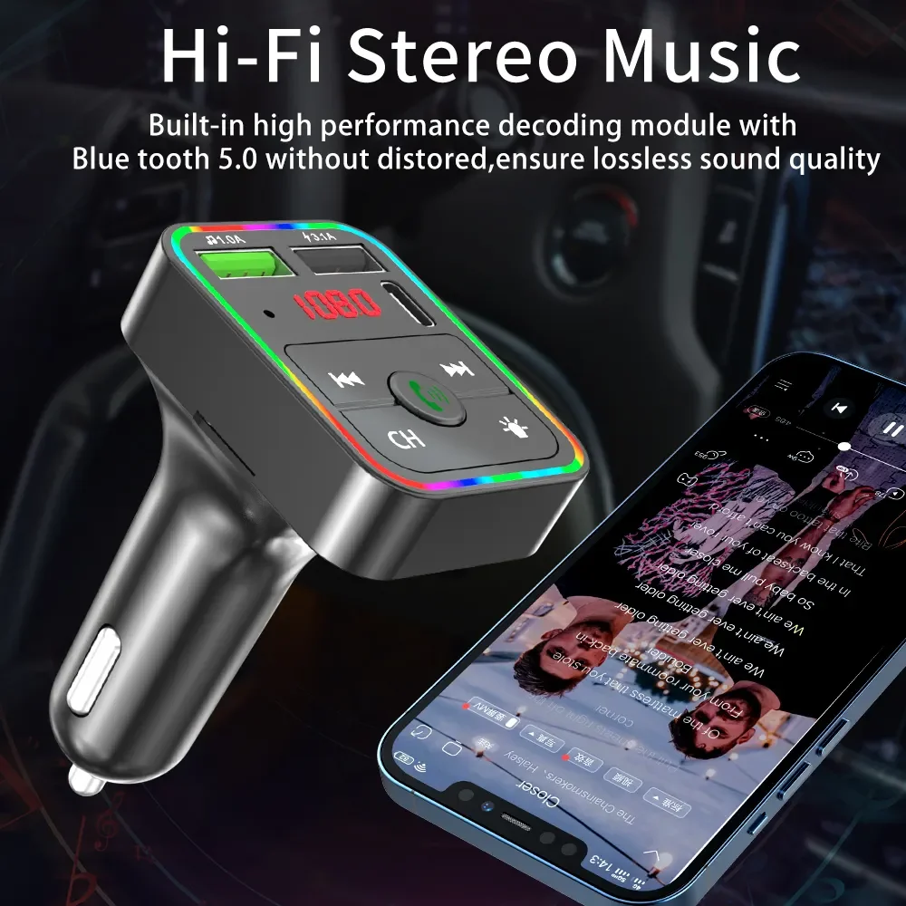 Wholesale F2 car MP3 player car wireless Bluetooth hands-free fairy tale FM transmitter LED display rainbow light PD car charger