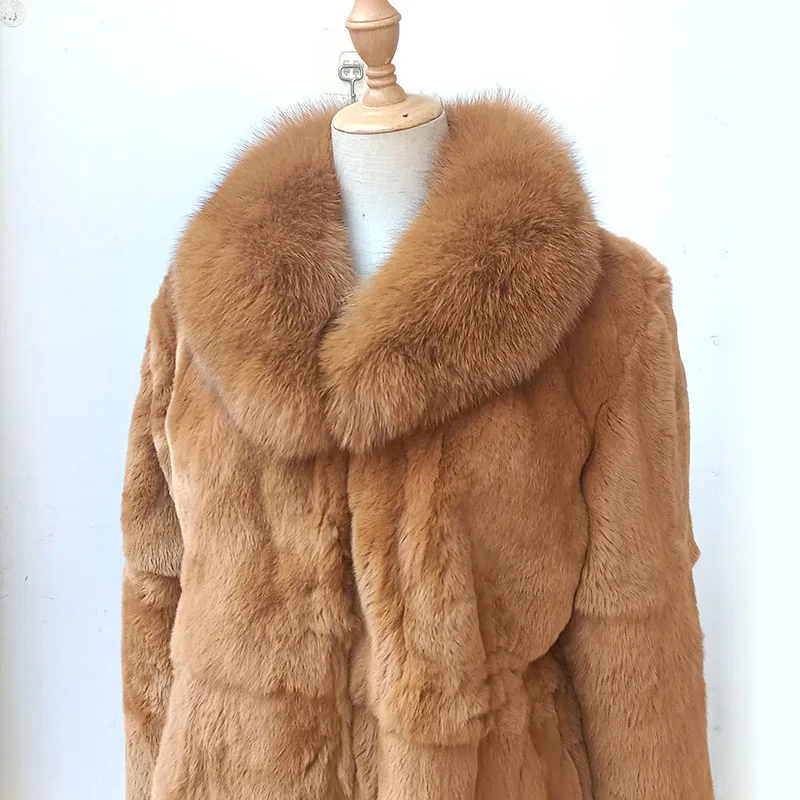 Winter Warm Real Rex Rabbit Fur Coat With Fox Fur Collar Women Casual Plus Size Yellow Thick Genuine Fur Jacket Fashion Outwear