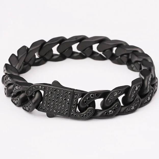 12mm Black Plated  Fashion Heavy Metal Stainless Steel Cuban Link Bracelet Jewelry With Zircon Stone