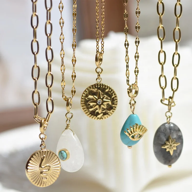 DIY Detachable Stainless Steel Sun Shape Pendant Necklace Natural Stone Diamond Evil Eyes Pendant Necklace