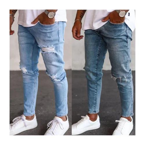 High quality designer vintage breathable ripped straight light blue slim fit denim jeans mens
