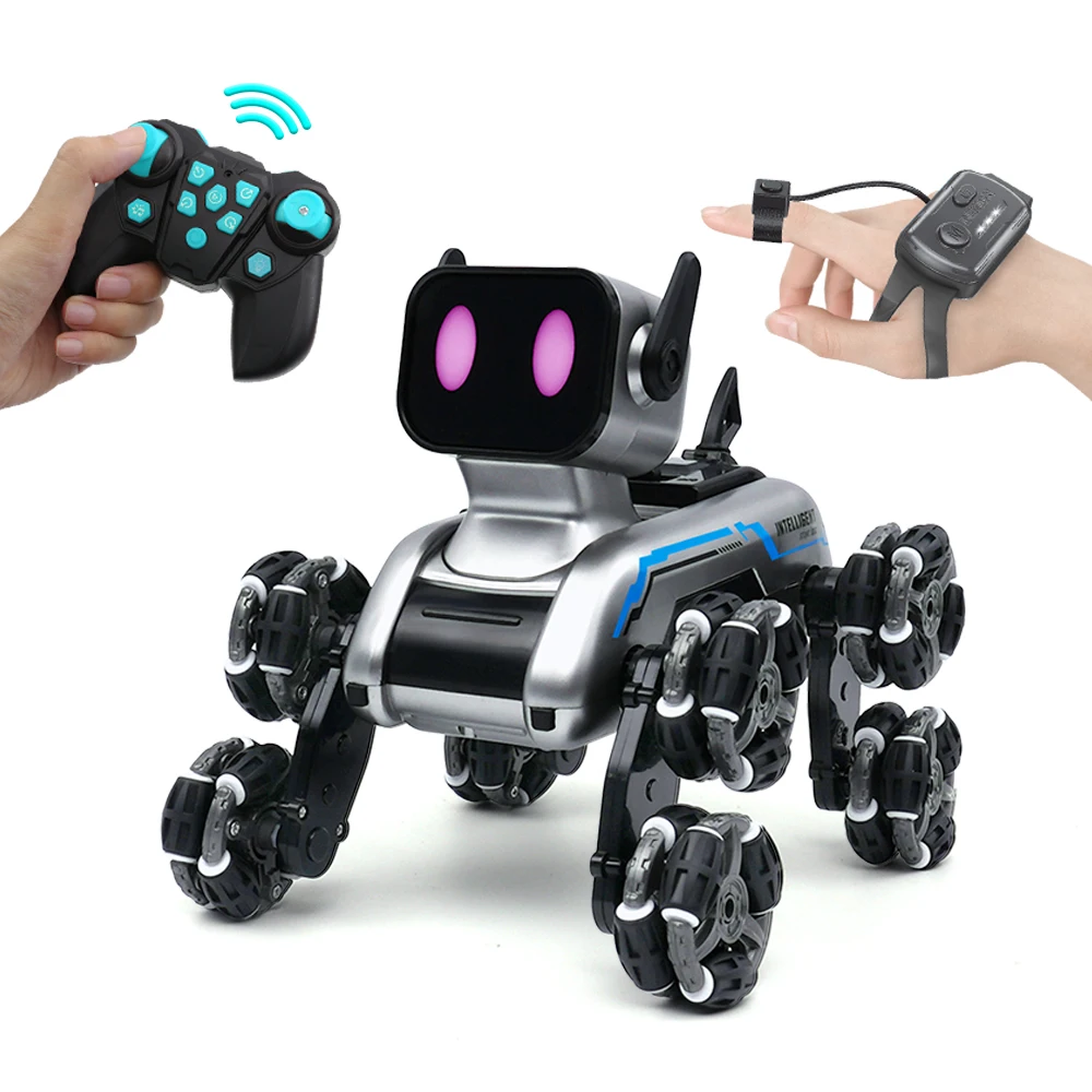 2.4Ghz kids eight wheels gesture sensing smart intelligent rc stunt robot dog with watch light and music