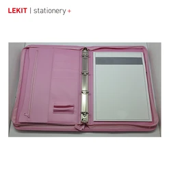 Pink PU leather a4 portfolio with notepad leather zipper binder notebook