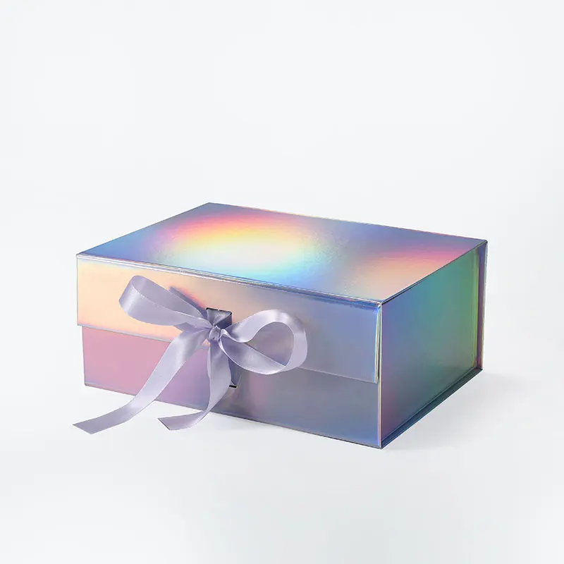 Luxury beautiful holographic folding rigid cardboard magnetic closure lid gift boxes with ribbon