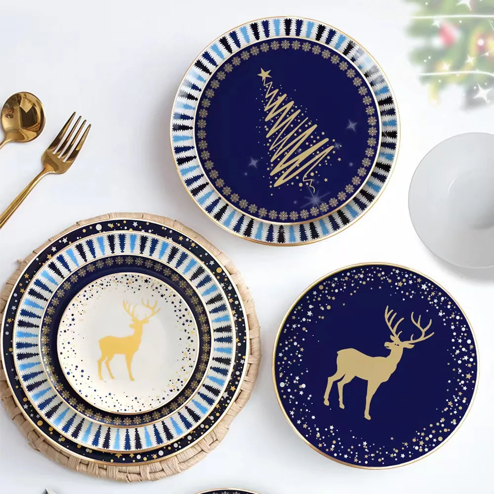 Professional Wholesale Luxurious Christmas Decorative Fine Dining Bone China Ceramic Gold Decal Cup Bowl Plate Dinnerware Set
