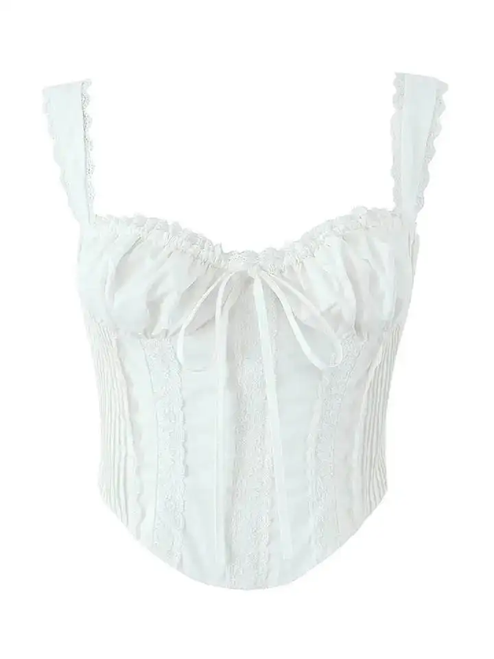 2024 Fashion Strap Ruched White Lace Top Bow See Through Sexy Crop Top Women Cami Y2K Ladies Bow Frill Hot Tank Tops  2782