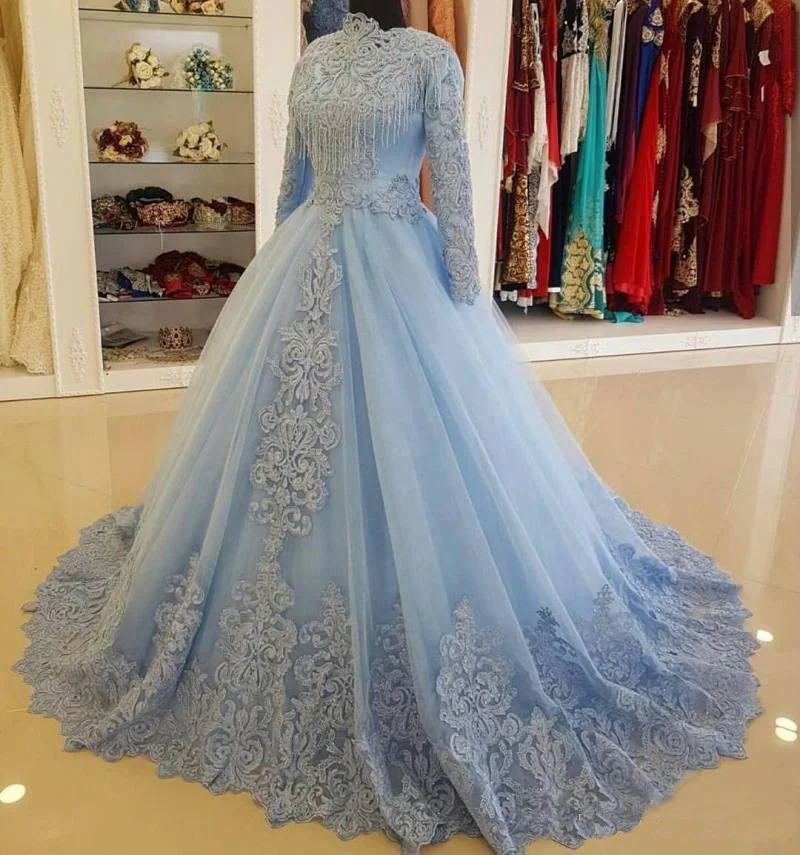 Wholesale High Neck Full Sleeve Muslim Dubai Evening Dresses Sky Blue Turkey Lace Evening Gowns