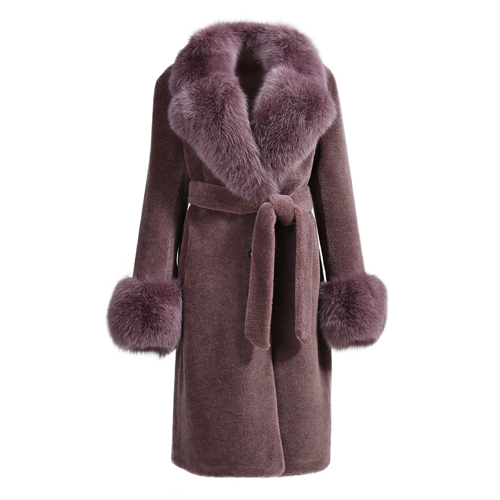 Wholesale Women 100% Shearing Lamb Fur Coat Natural Fox Fur Collar Luxury Teddy Elegant Winter Thick Long Sheep Wool Fur Coat