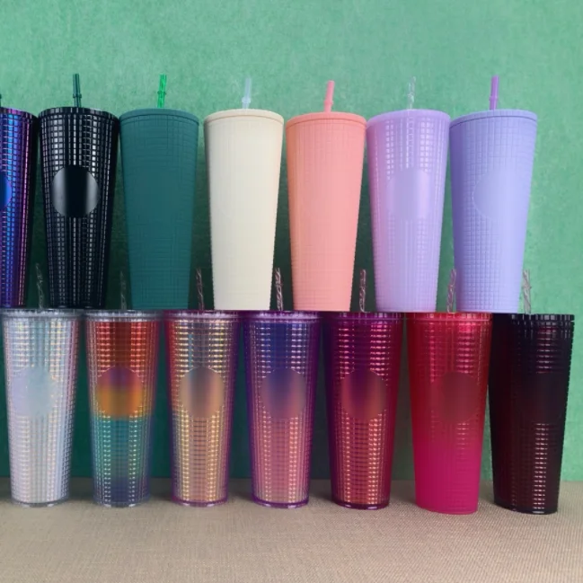 2022 Wholesale Plastic straw Grid corn cup 24oz Double Wall tumbler Cup Custom color logo