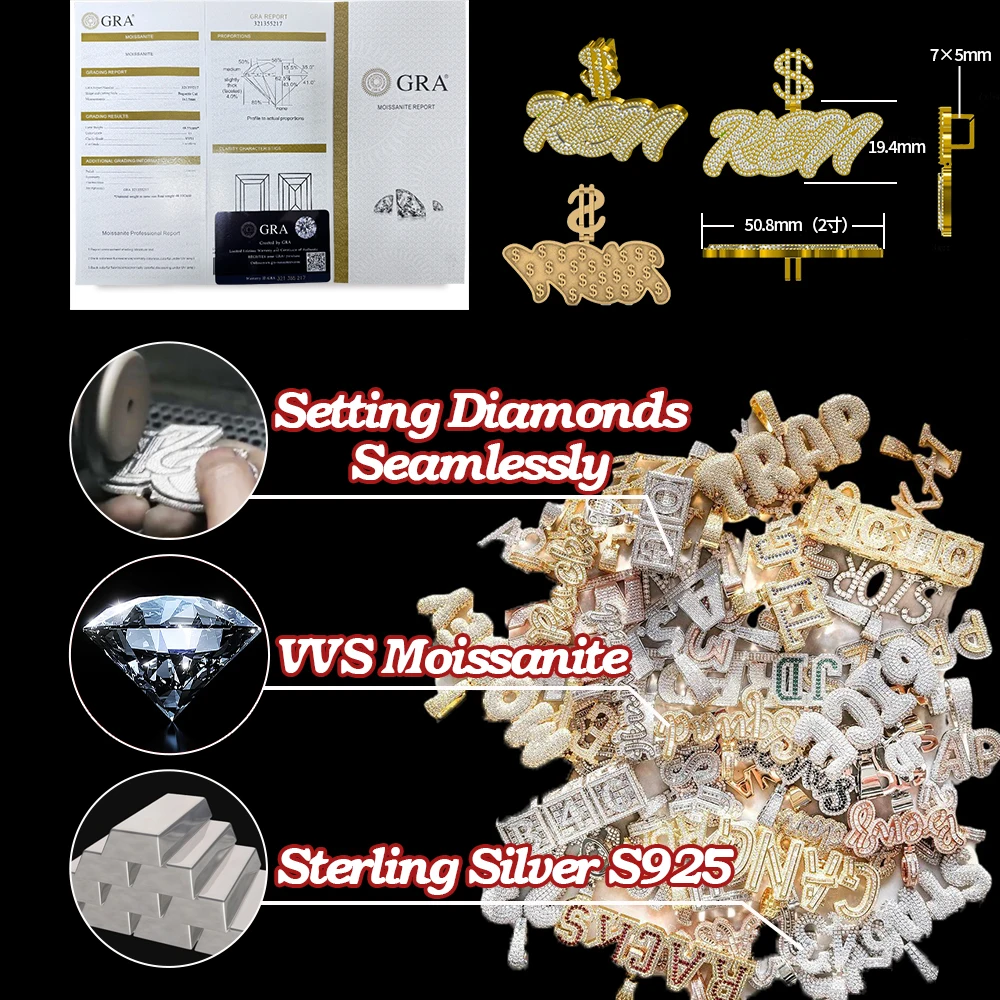 Iced Out Moissanite Pendants Memory Picture Letter 925 Silver Pass Tester Hip Hop Custom Moissanite Pendant