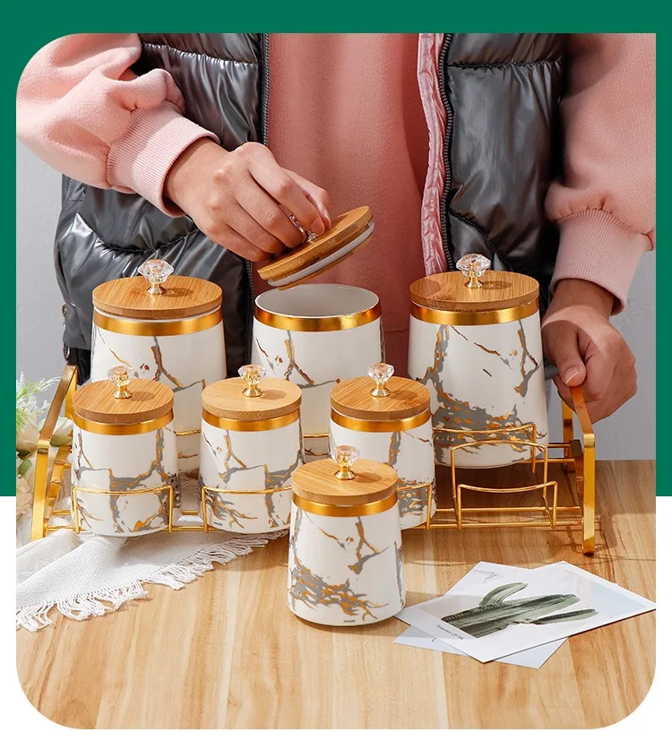 Wholesale Luxury Gold Marble Container Set Seasoning Condiment Jars Set Kitchen Ceramic Storage Jar