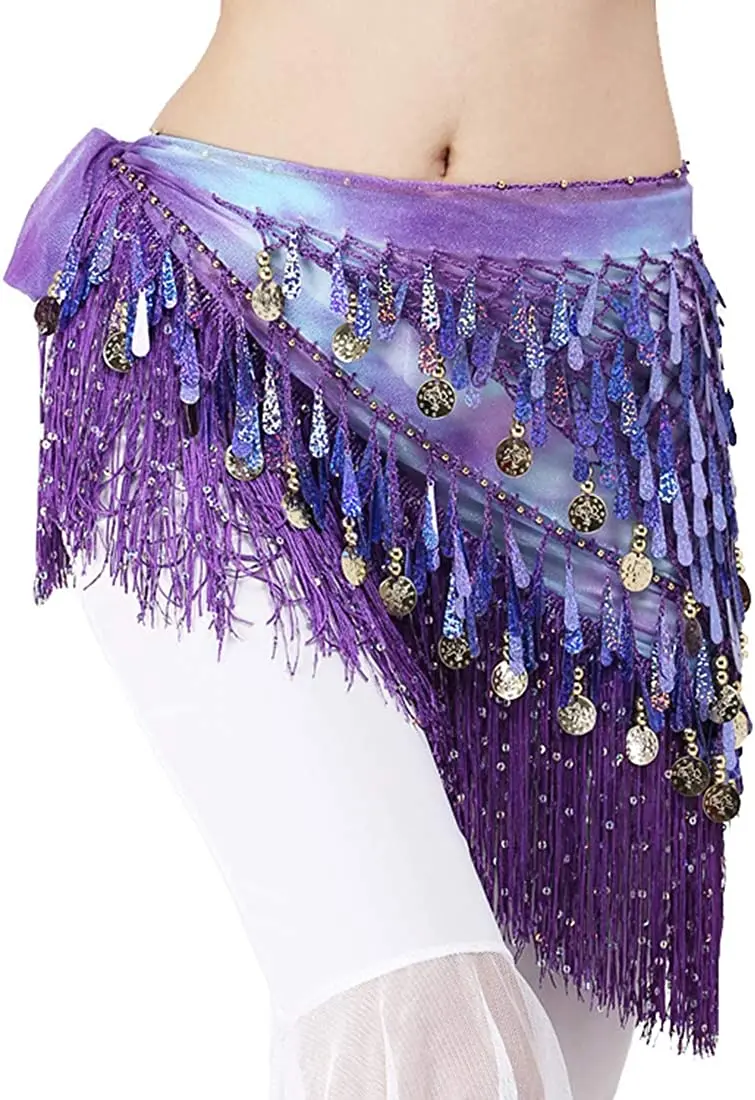 Belly Dance Hip Scarf with Tassels Sequins Triangle Coins Wrap Skirt Music Festival Clothing Stage Performance Accessories
