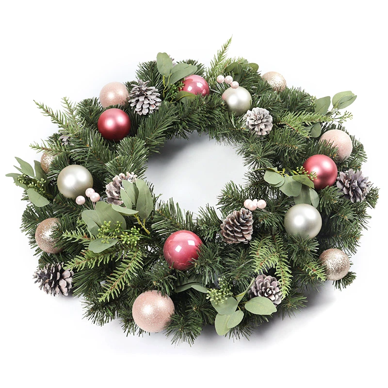 New Design 24 Inch Wreath Supplier With Pine Cone Ornaments Christmas Ball Wreath For Front Door