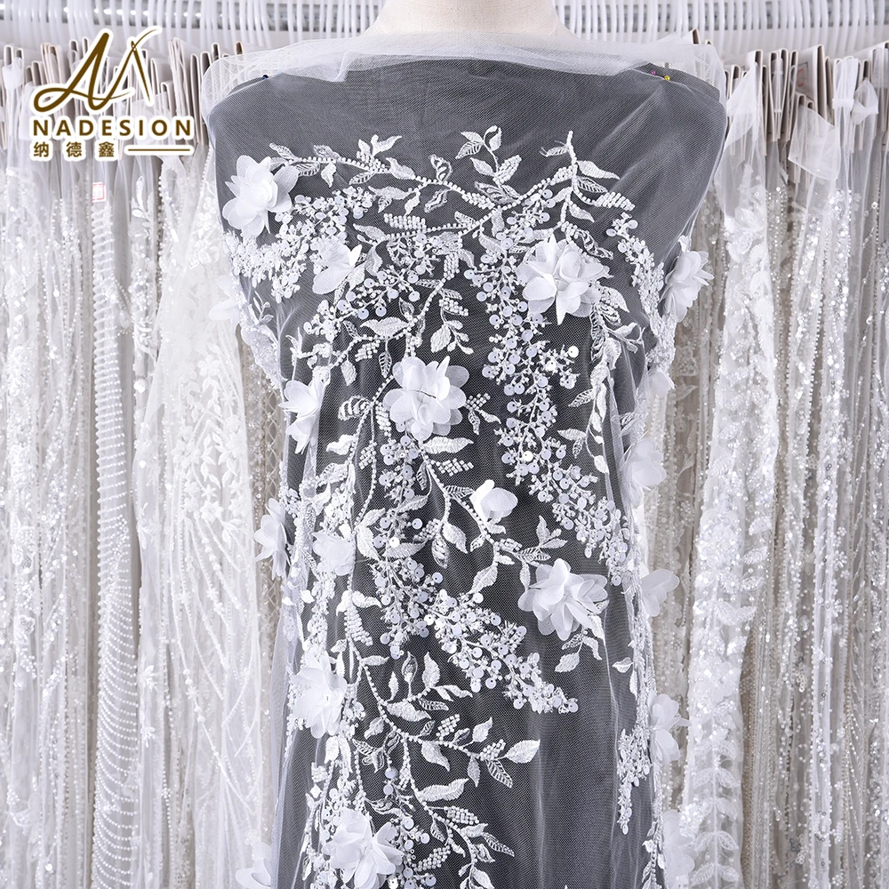 Luxury White High Quality Bridal Evening Dress 3D Lace Fabric Heavy Hand Beaded Pearl Tulle Embroidery Lace Fabric For Dresses
