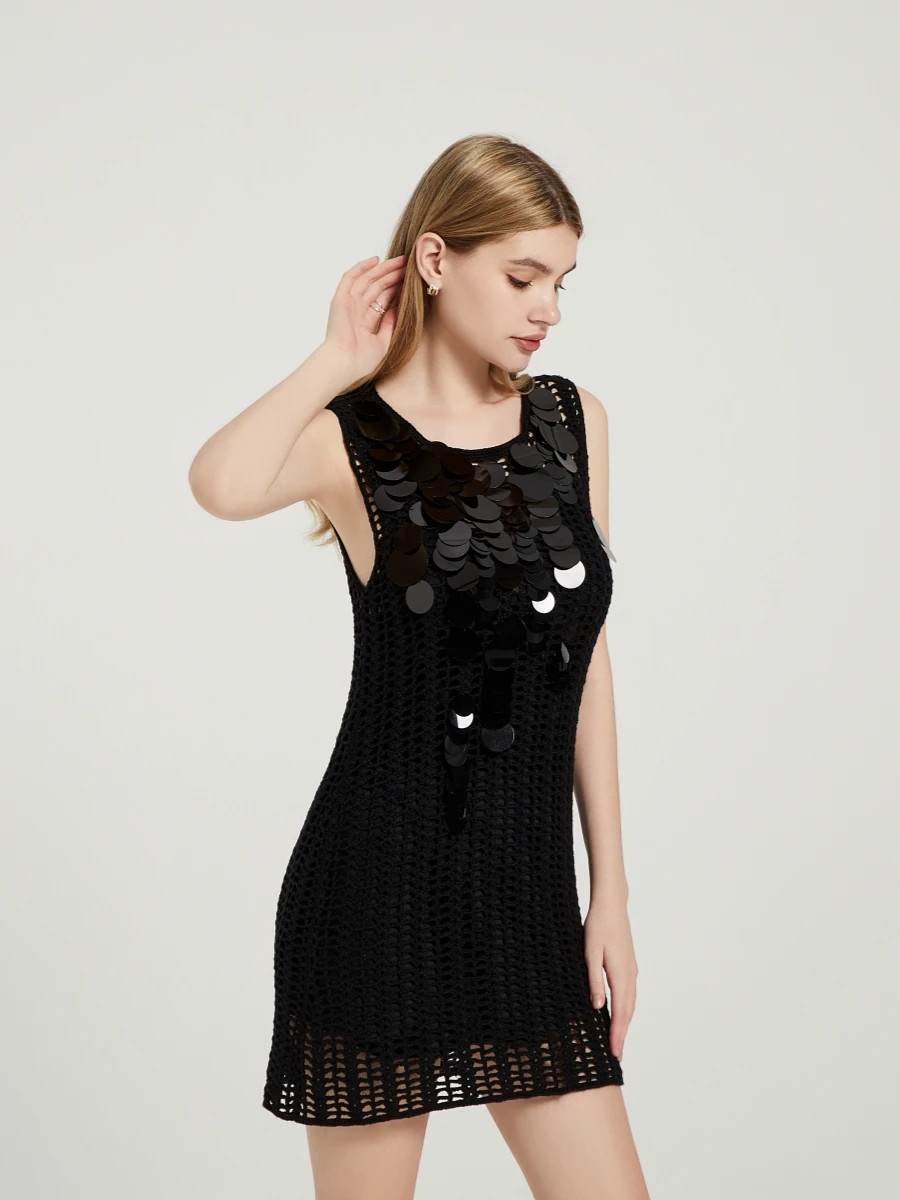 High Quality Crochet Sequin Dress Black Mini Dress