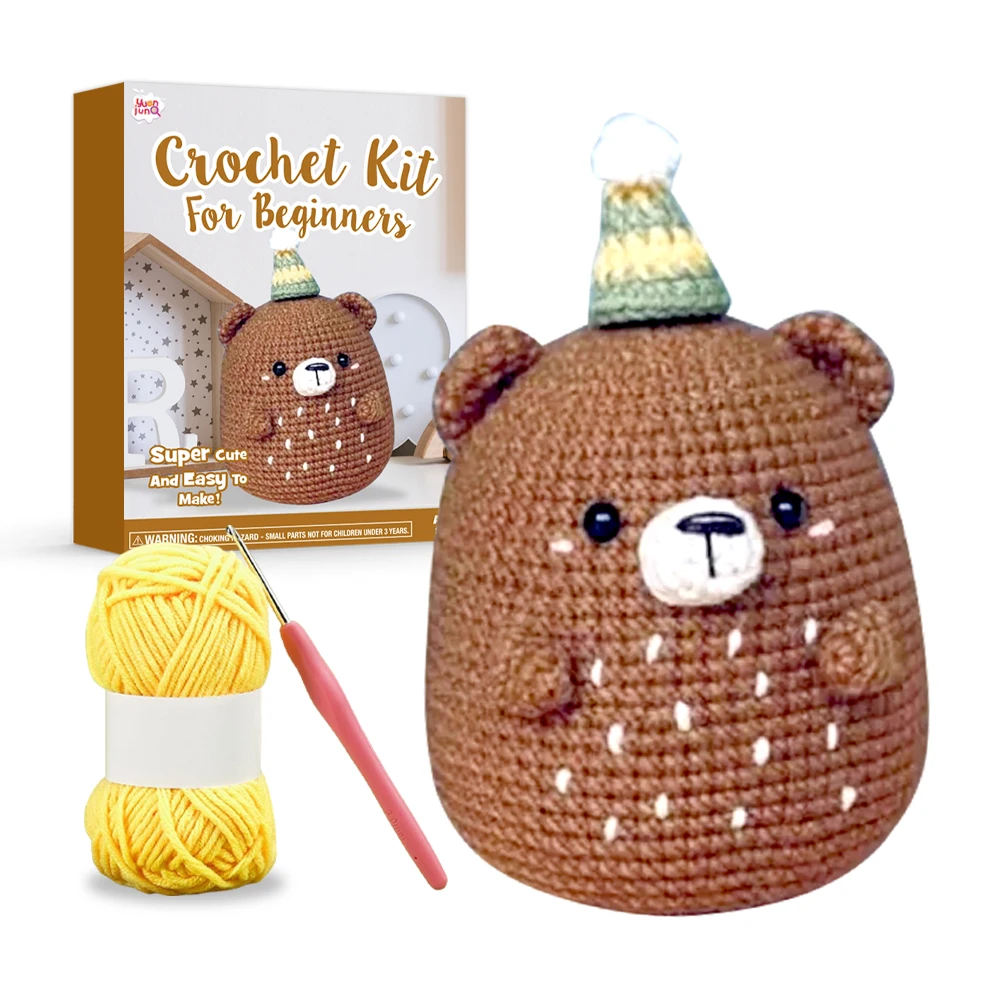 2024 Beginner Crochet Kits Animal Brown Bear Hand Knitting Tools With Cotton Yarn Thread For Adults And Kids
