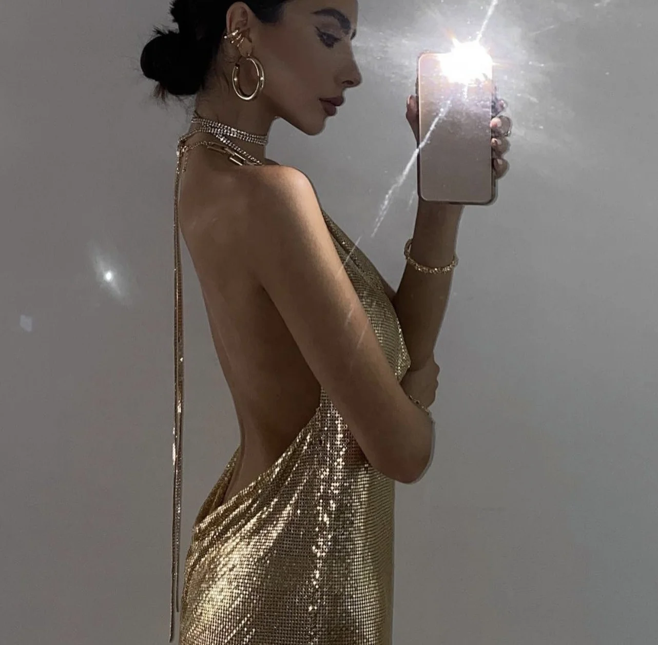 SHIHAN 2022 New Chainmail Mini Dress in Gold 15colors Metal Sequins Party Women Metallic Dresses With Rhinestone Straps