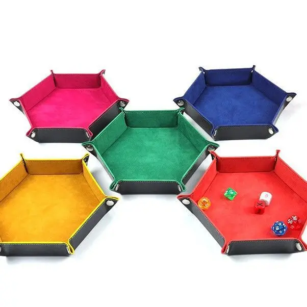 Hexagonal Velvet Cloth Dice Tray Collapsible PU Leather Storage Box with Desktop Tray for Game and Board Storage