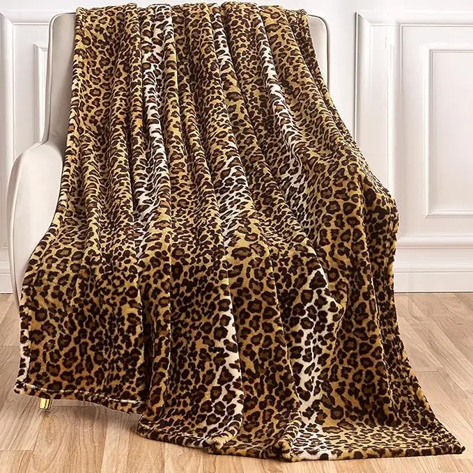 Leopard Print Blanket Fleece Throw Blanket for Bed Sofa Travel and Camping Soft Cozy Fluffy Plush Blanket 50 by 60inch