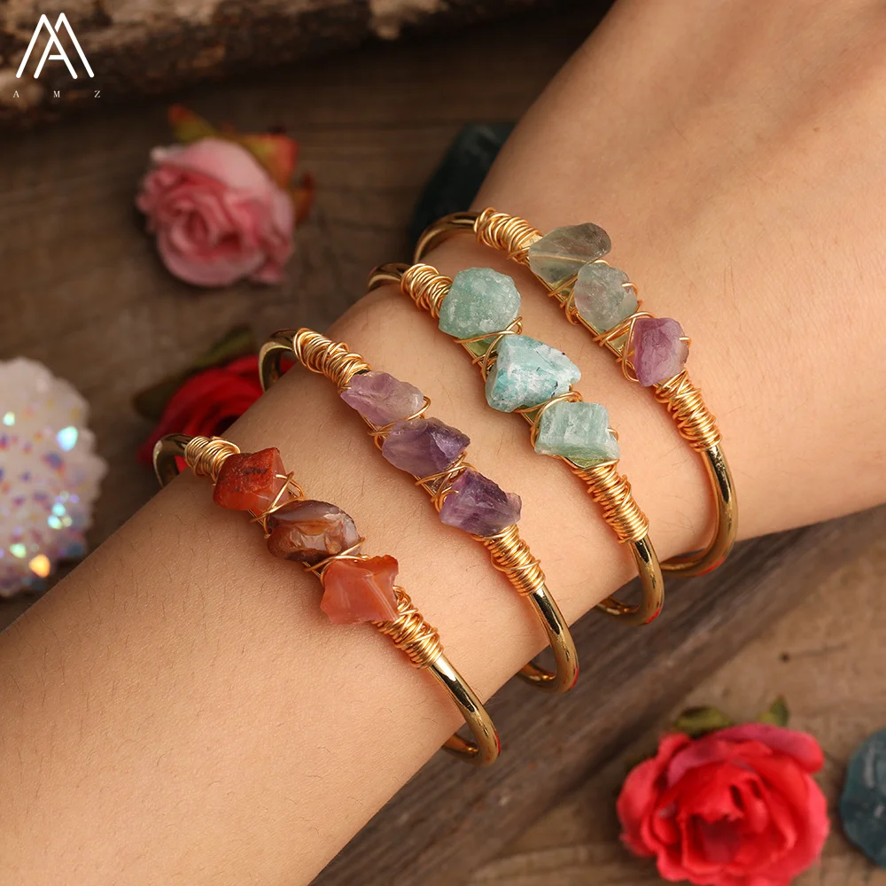 Raw Crystals Healing Cuff Bracelets Women Jewelry, Open Bangle, Chip Beads, Natural Stone, Top Gifts